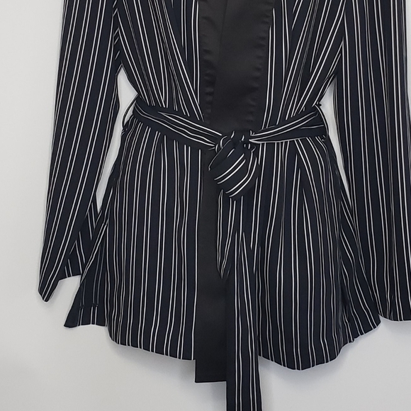 Zara Dark Navy White Striped Women's Relaxed Smoking Jacket Blazer Large - Picture 4 of 15
